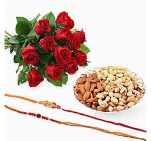 Two Rakhis with 500m Dry Fruits and 12 Red Roses